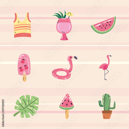 Summer flat style icons bundle vector design