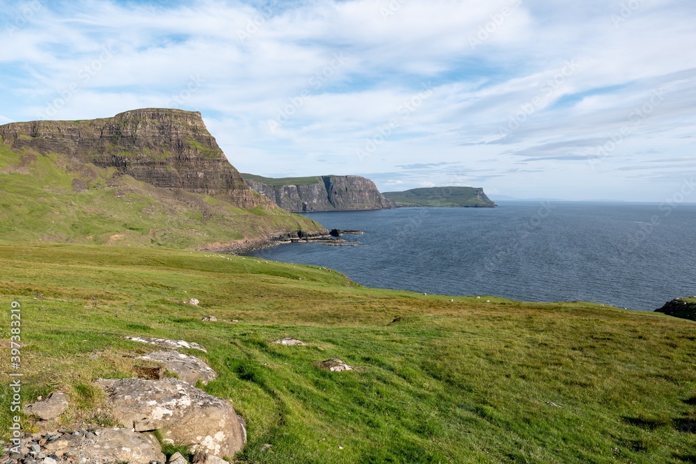Landscape of Waterstein Head mountain and water bay near Neist Point Lighthouse at Isle of Skye, Scotland