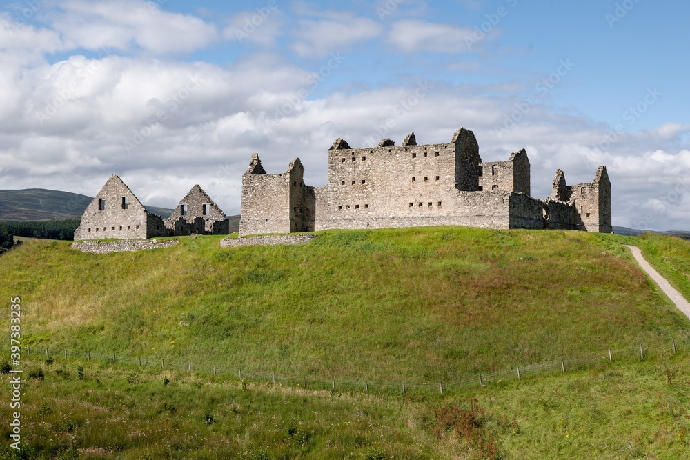 Landscape with ruins of medieval Ruthven Barracks in Cairngorms National Park near the Kingussie