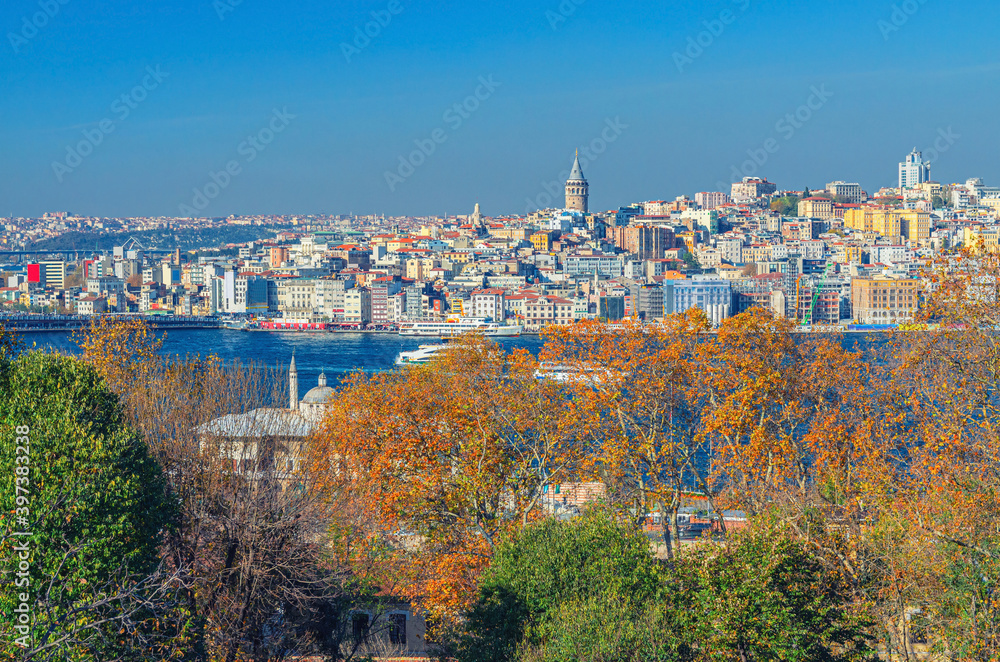 Aerial view of Galata Karakoy quarter with Galata Tower Kulesi or Tower of Christ Christea Turris building and Golden Horn waterway of Istanbul city historical centre, blue sky background, Turkey