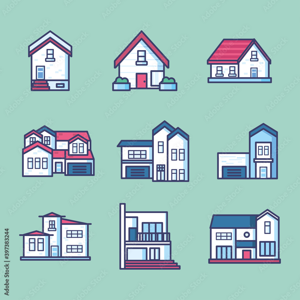 house line and fill style set of icons vector design