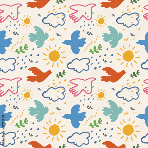 Seamless pattern hand drawn Birds  cloud  sun  leaf. Background  Wallpaper  wrapping paper  textile  print. Trendy Vector illustration. Square Seamless pattern.