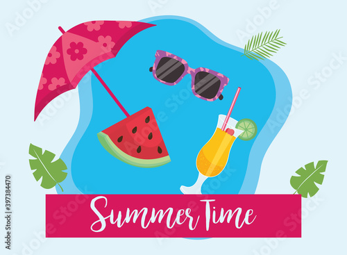 Summer time umbrella watermelon glasses and cocktail vector design