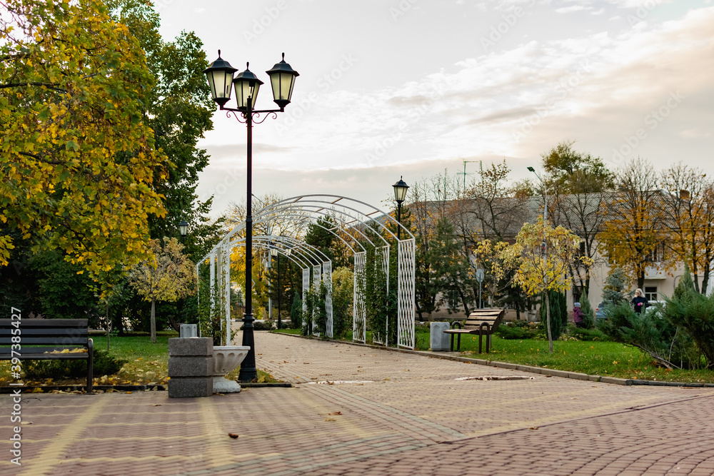 Walkway in the city's public Park. Beautiful white metal arch, lots of greenery, trees and conifers around, lawn grass along the edge, benches and lanterns. The road is tiled
