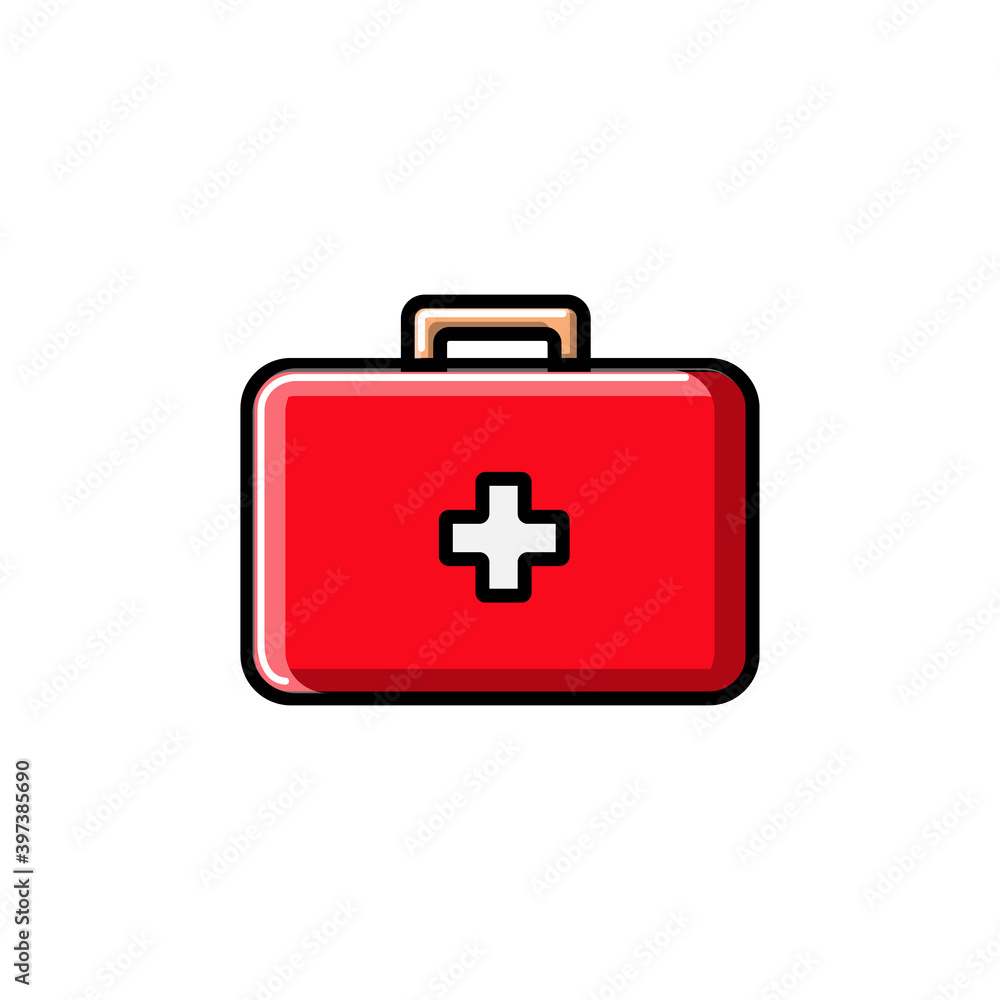 Medical rectangular first-aid kit with medicines, briefcase for first aid, icon on a white background. illustration Medical rectangular first-aid kit with medicines, briefcase for first aid, icon on a white background. illustration
