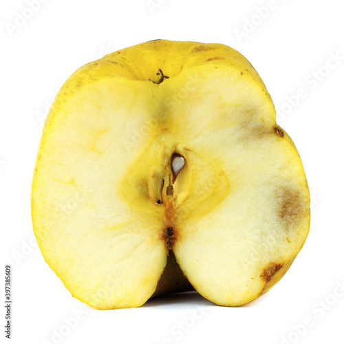 Spoiled Apple isolated on a white background. Macro photography with a large depth of field