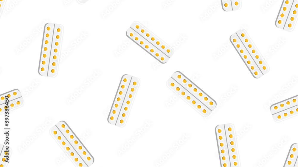 Seamless pattern texture of yellow round medical medicinal pharmaceutical pills tablets in packaging plates isolated on white background. illustration Seamless pattern texture of yellow round medical medicinal pharmaceutical pills tablets in packaging plates isolated on white background. illustration