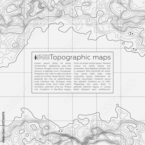 Background of the topographic map. Topographic map lines, contour map background. Geographic abstract grid. EPS 10 vector illustration.