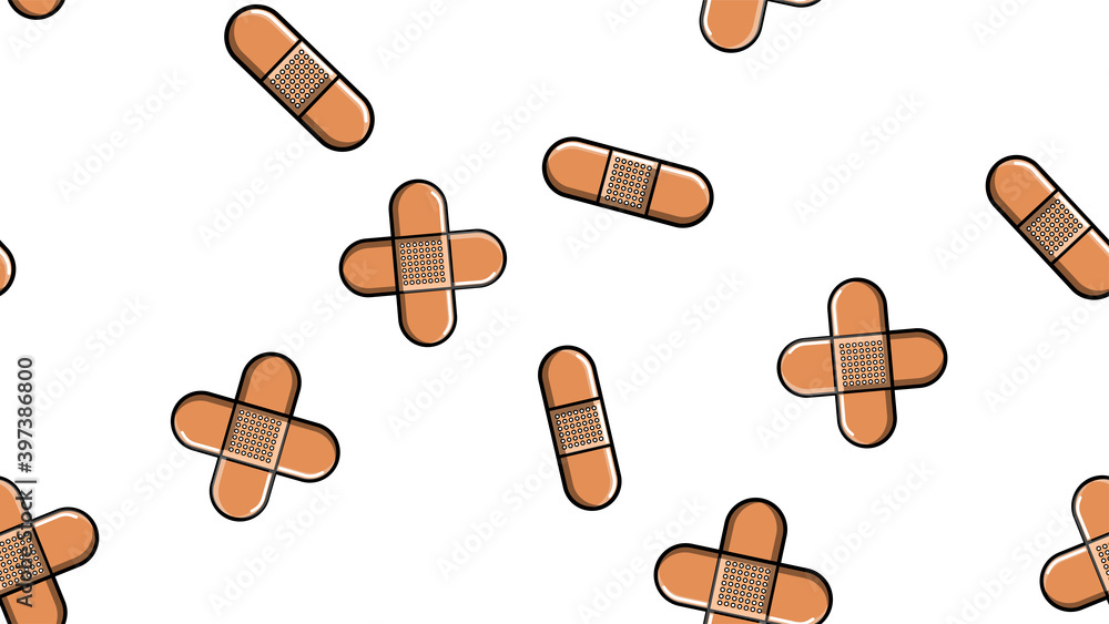 Seamless pattern texture of endless repetitive corporal medical pharmacological patches for sticking wounds and cuts against white yellow background. illustration Seamless pattern texture of endless repetitive corporal medical pharmacological patches for sticking wounds and cuts against white yellow background. illustration