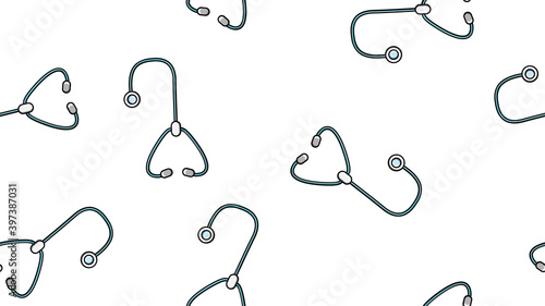 Seamless pattern texture of endless repetitive medical instruments with stethoscopes of phonendoscopes for listening to lungs and hearts on a white background