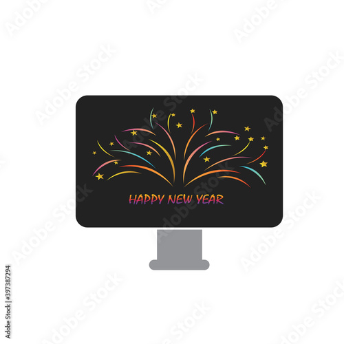 new year fireworks illustration, monitor icon, colorful vector design