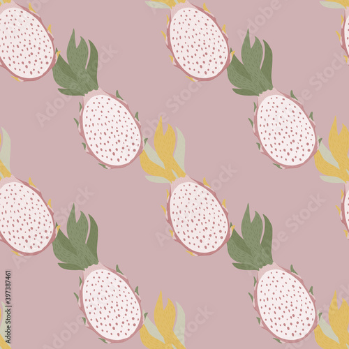 Pastel palette seamless pattern with pitahaya silhouettes. Simple fruit shapes on pink background.