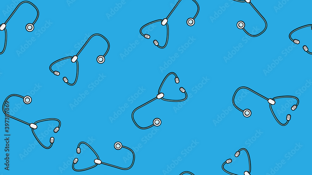 Seamless pattern texture of endless repeating medical instruments with stethoscopes of phonendoscopes for listening to the lungs and hearts on a blue background. illustration Seamless pattern texture of endless repeating medical instruments with stethoscopes of phonendoscopes for listening to the lungs and hearts on a blue background. illustration
