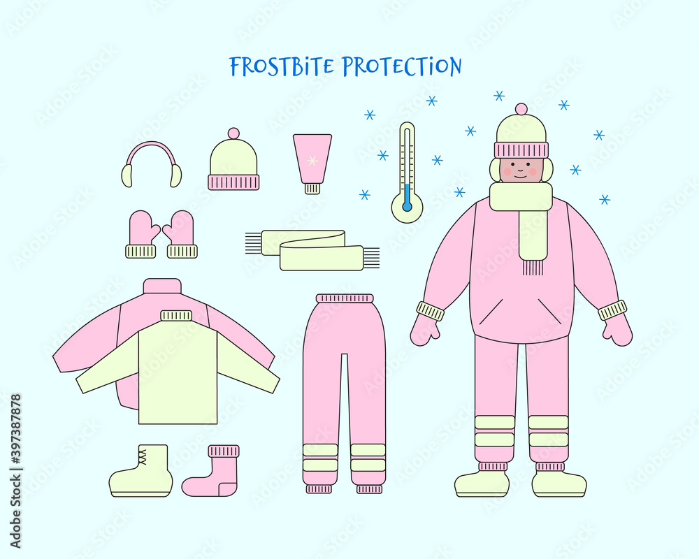 Cute girl and set of warm clothes to protect against frostbite in winter. Vector outline color illustration in flat style. Cute girl and set of warm clothes to protect against frostbite in winter. Vector outline color illustration in flat style.