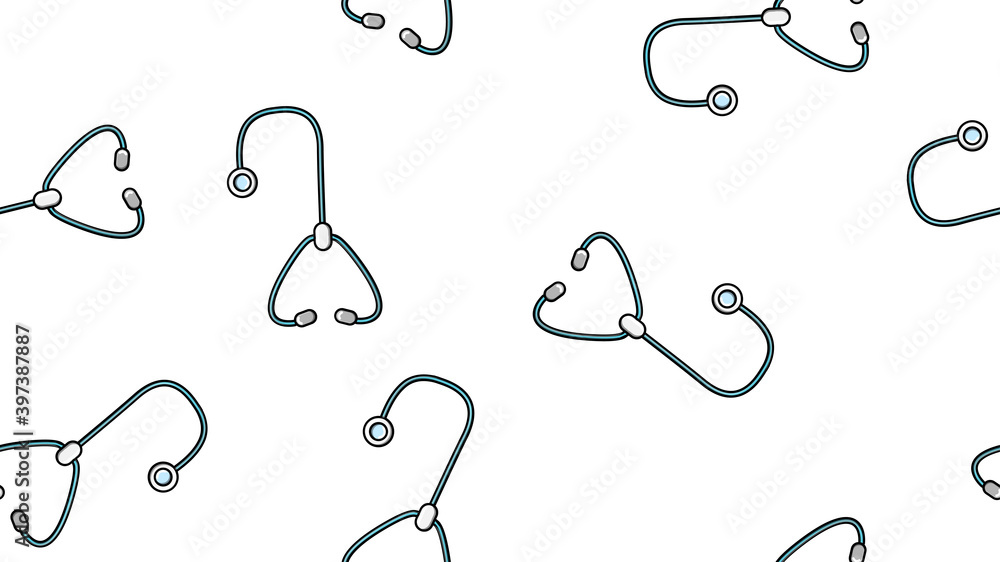 Seamless pattern texture of endless repetitive medical instruments with stethoscopes of phonendoscopes for listening to lungs and hearts on a white background. illustration