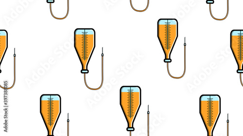 Seamless pattern texture of endless repeating medical yellow droppers with a needle and a catheter in a hospital on a white background. illustration