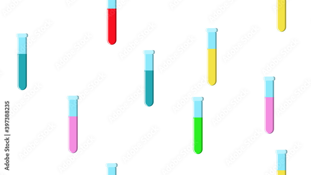 Seamless pattern texture of endless repeating long multi-colored medical chemical glass scientific test tubes of flasks cans on white background. illustration Seamless pattern texture of endless repeating long multi-colored medical chemical glass scientific test tubes of flasks cans on white background. illustration