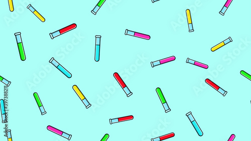 Seamless pattern texture of endless repetitive long multi-colored medical chemical glass scientific test tubes of flasks cans on blue background. illustration