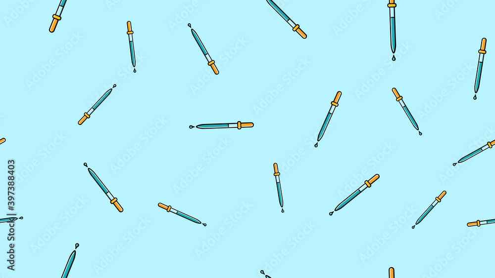 Seamless pattern texture of endless repetitive scientific medicine droppers pipettes for titration, instillation of medication with drops on a blue background. illustration
