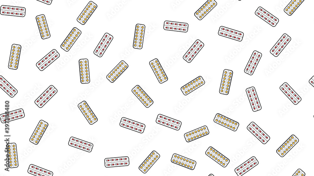 Seamless pattern texture of endless repetitive medicine tablets pills dragee capsules and medication plates with vitamins on a white background flat lay. illustration Seamless pattern texture of endless repetitive medicine tablets pills dragee capsules and medication plates with vitamins on a white background flat lay. illustration