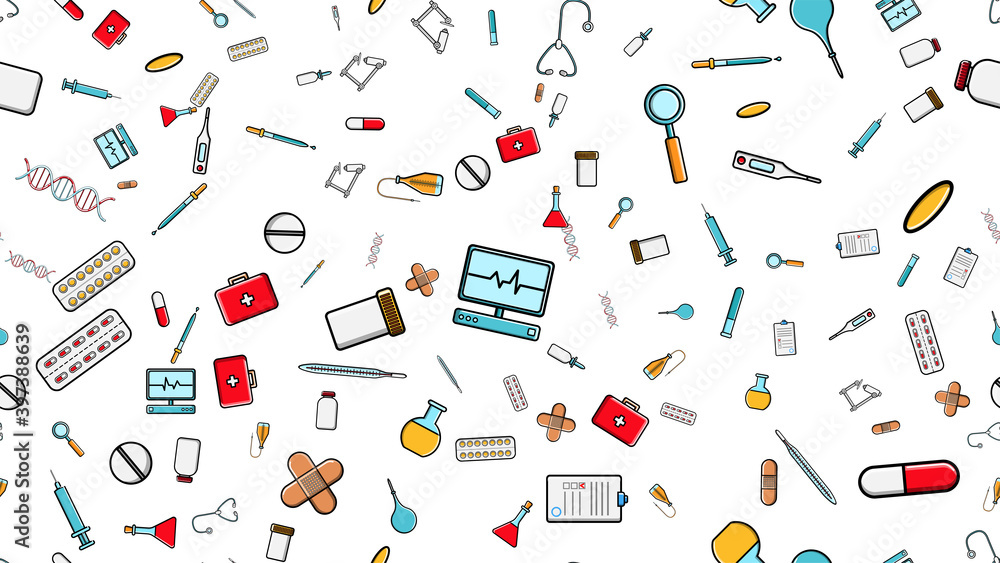 Seamless pattern texture of medicine items icons pricks pills pipettes stethoscopes tools doctor flasks capsules cans syringes on a white background flat lay top view. illustration Seamless pattern texture of medicine items icons pricks pills pipettes stethoscopes tools doctor flasks capsules cans syringes on a white background flat lay top view. illustration