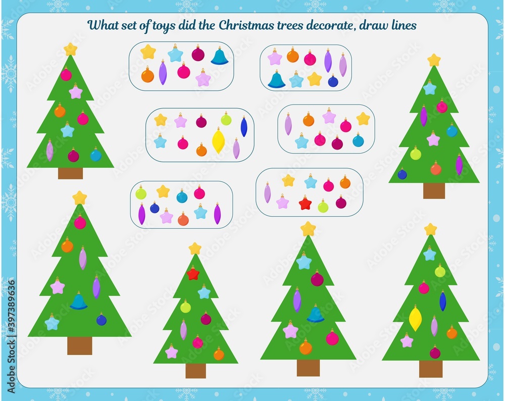 Naklejka premium Logic game for children. Development of attention, thinking. Find what set of toys you have decorated the Christmas tree