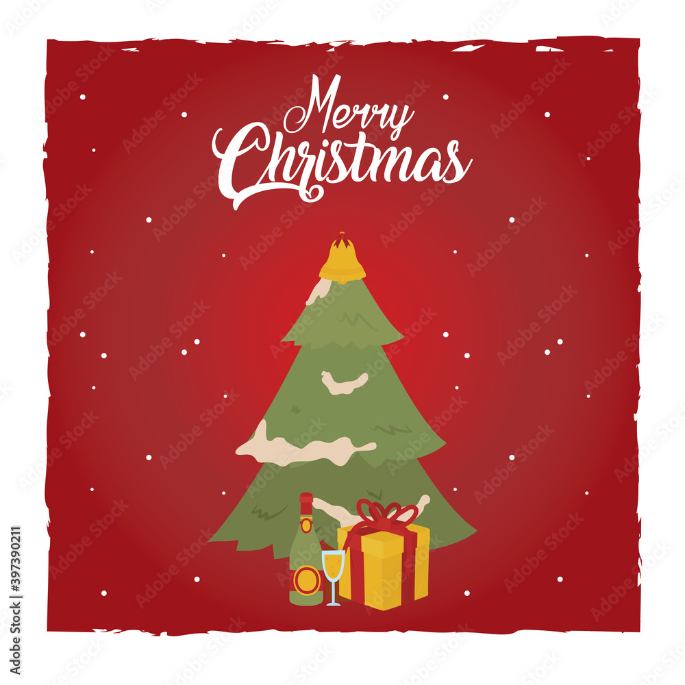 merry christmas pine tree with gift and champagne vector design