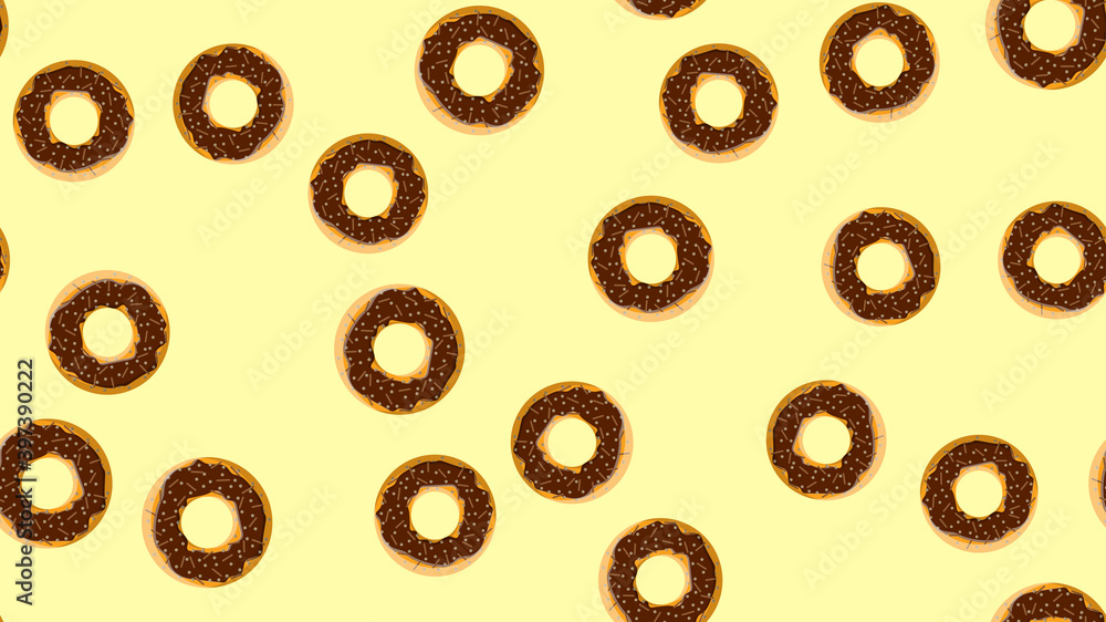 Fototapeta premium Seamless pattern, texture from round sweet tasty nourishing hot fresh donuts, pastries, sugar-coated cookies in brown chocolate confectionery glaze on a yellow background. illustration