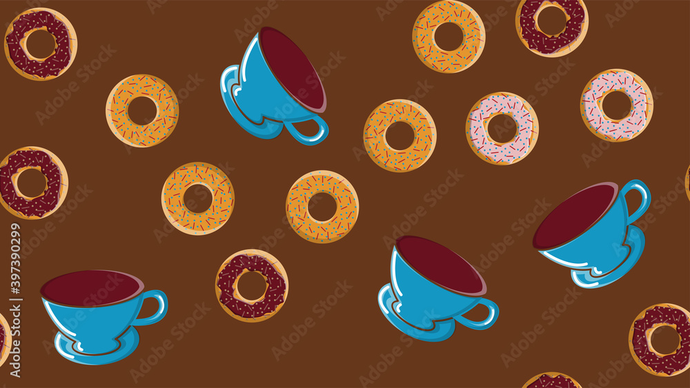 Seamless pattern, texture from different round sweet tasty hot donuts with sugar in caramel chocolate and a cup of hot strong coffee on a brown background. illustration Seamless pattern, texture from different round sweet tasty hot donuts with sugar in caramel chocolate and a cup of hot strong coffee on a brown background. illustration