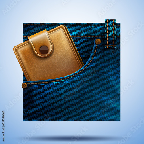Concept of wallet, income, benefit, expenses, allowance savings.Wallet on denim pocket. money saving vector icon.financial success concept.