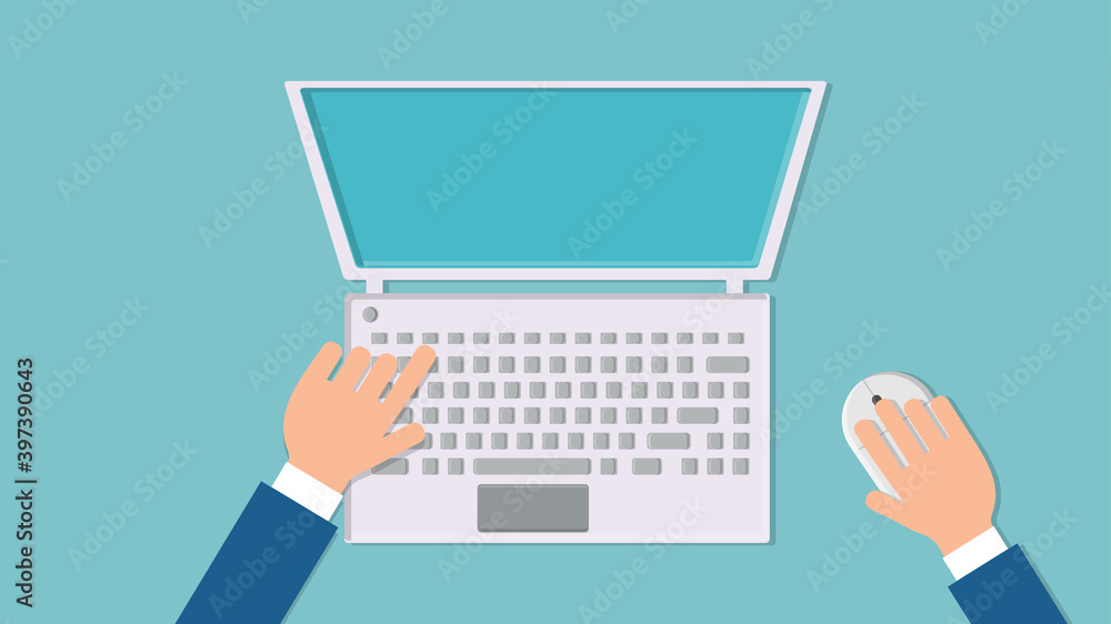 illustration of a man working with his hands on a laptop computer with a mouse and keyboard on a blue background top view, flat lay. Concept: computer digital technologies illustration of a man working with his hands on a laptop computer with a mouse and keyboard on a blue background top view, flat lay. Concept: computer digital technologies