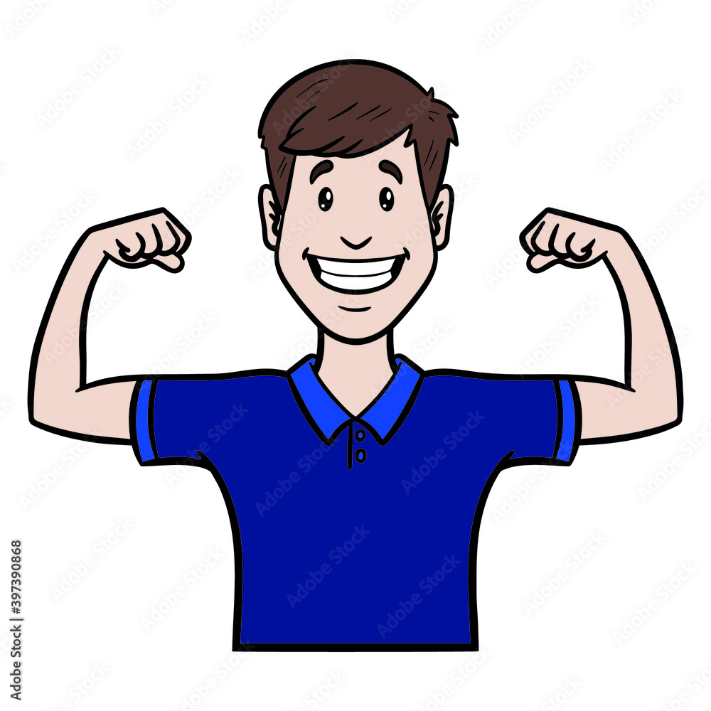 worker shows muscles. avatar, comic, winner.