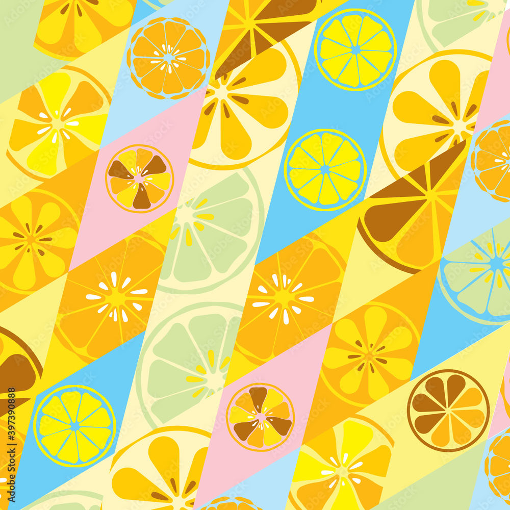 Yellow summer texture with a pattern of lemons limes oranges citrus fresh fruit vitamin tropical tasty sweet on a background of rhombuses for wallpaper on the kitchen. illustration