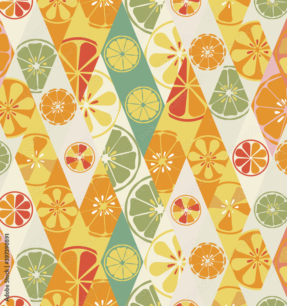 Texture bright orange summer stylish glamorous fashionable with a pattern of lemons limes oranges citrus fresh fruit vitamin tropical tasty sweet on the background of rhombuses. illustration