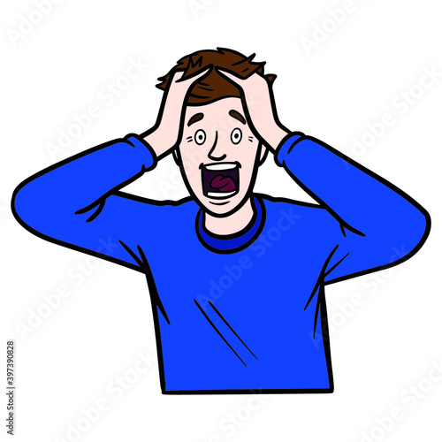 man screams and grabs his hair. fear, panic.