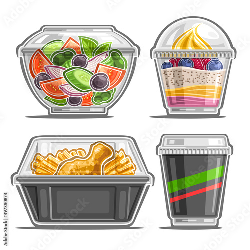 Vector set for Meal Delivery Service, 4 cut out illustrations of organic salad in clear plate, soft serve berry dessert, fried crispy chicken leg with pommes frites and soda in cardboard cup with lid.
