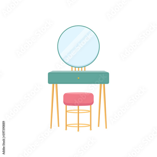 Woman boudoir with table, mirror and poof . Flat style vector illustration.