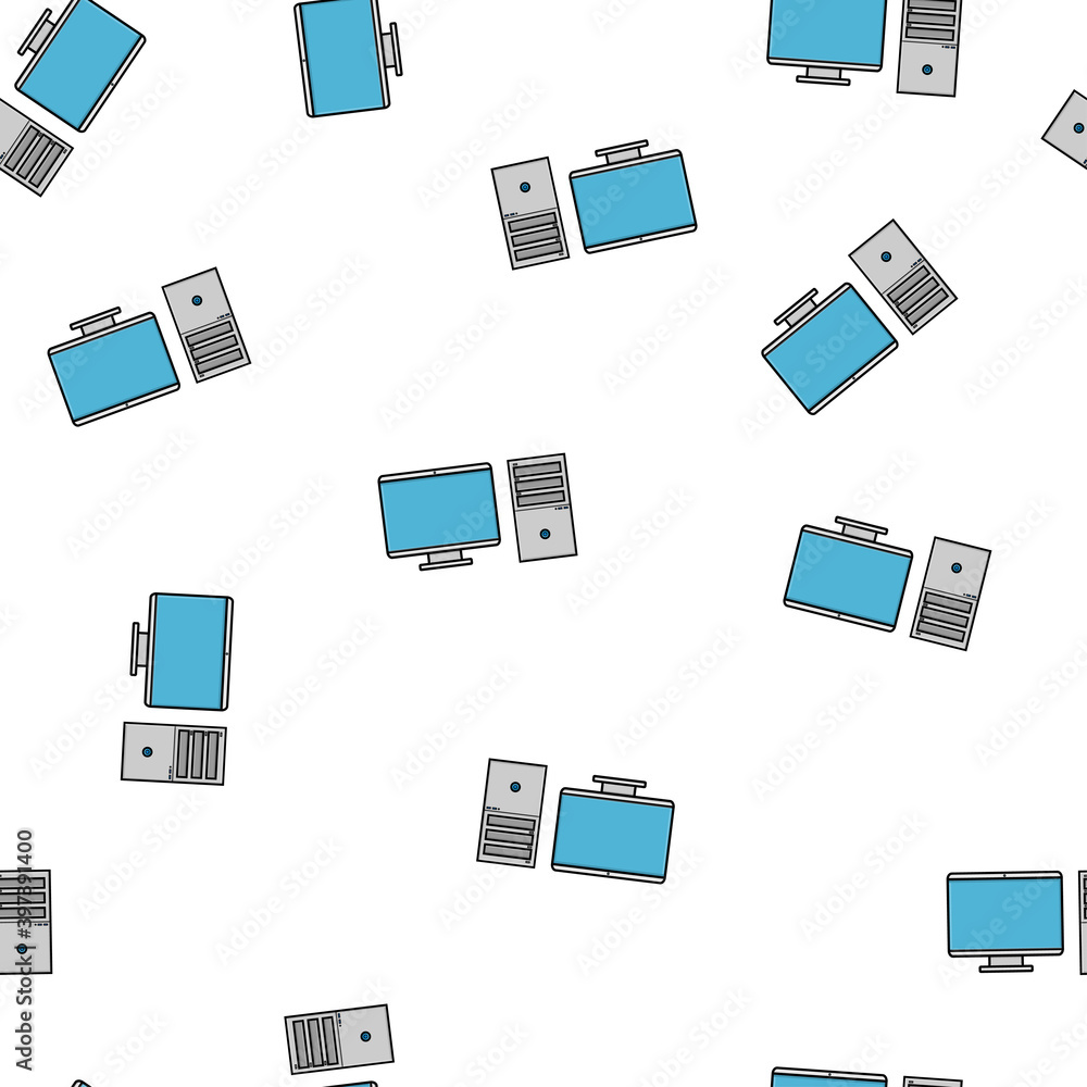 Seamless pattern, texture of modern powerful digital office computers with a monitor and a rectangular system unit, technology isolated on a white background Seamless pattern, texture of modern powerful digital office computers with a monitor and a rectangular system unit, technology isolated on a white background