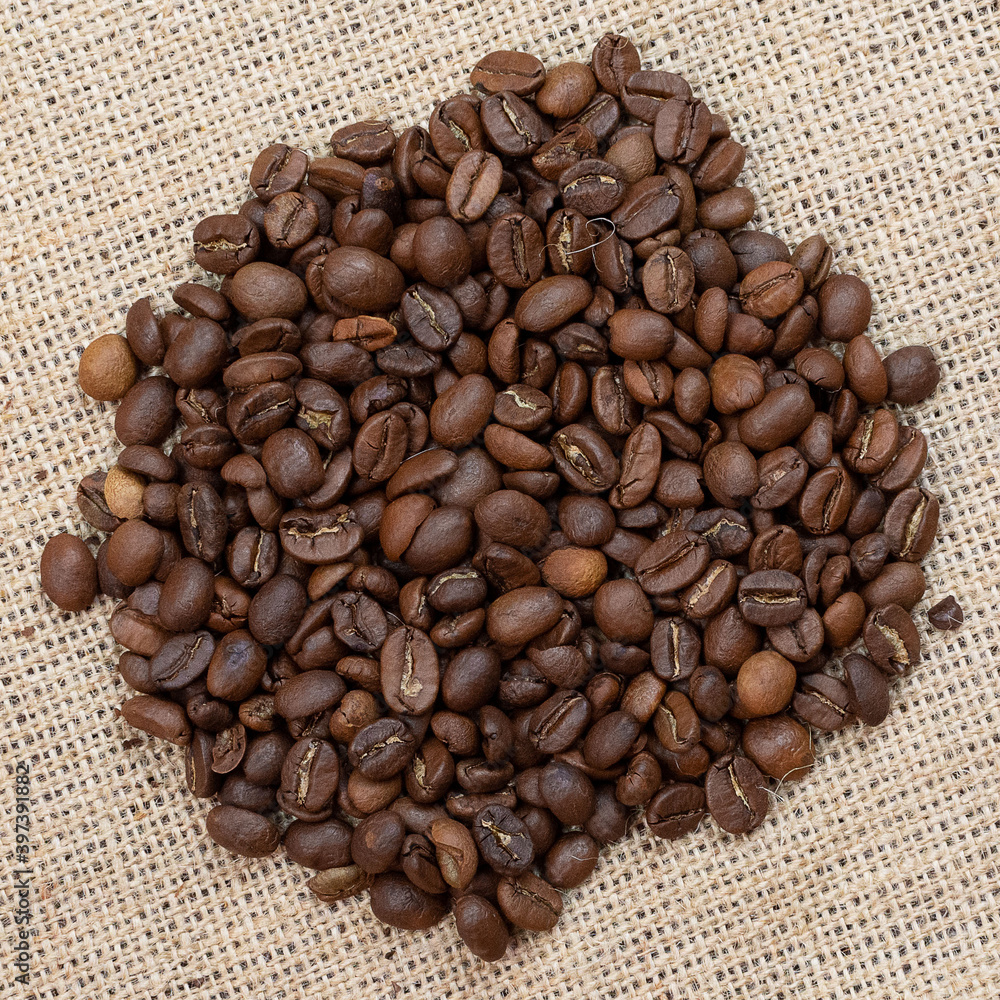 Roasted coffee beans on the fabric of the bag Roasted coffee beans on the fabric of the bag