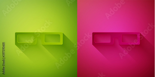 Paper cut cinema glasses icon isolated on green and pink background. Paper art style. Vector Illustration.