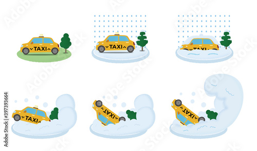 大雪の被害に遭う黄色いタクシーのベクターイラストセット