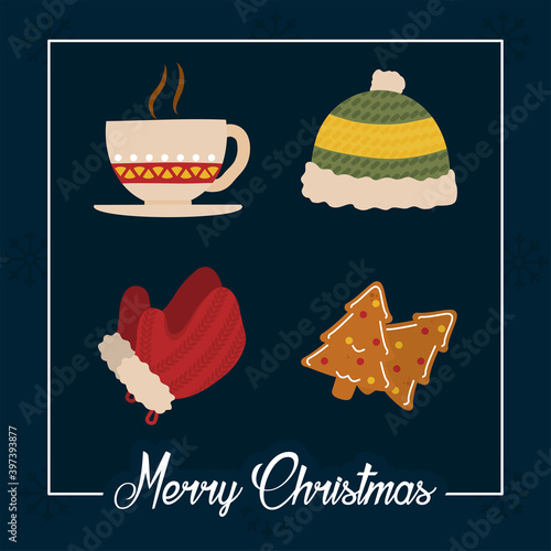 merry christmas cup hat gloves and cookies vector design