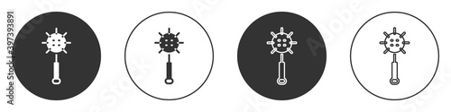 Black Medieval chained mace ball icon isolated on white background. Medieval weapon. Circle button. Vector.