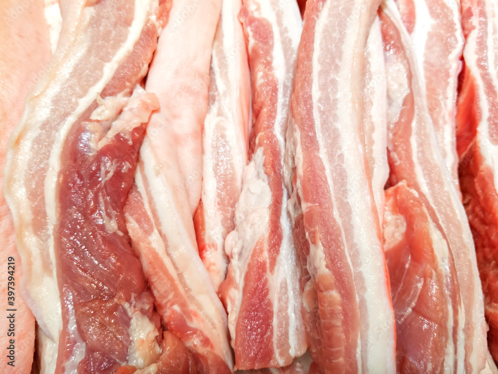 Top view of, Streaky pork, In fresh food department supermarket. Top view of, Streaky pork, In fresh food department supermarket.