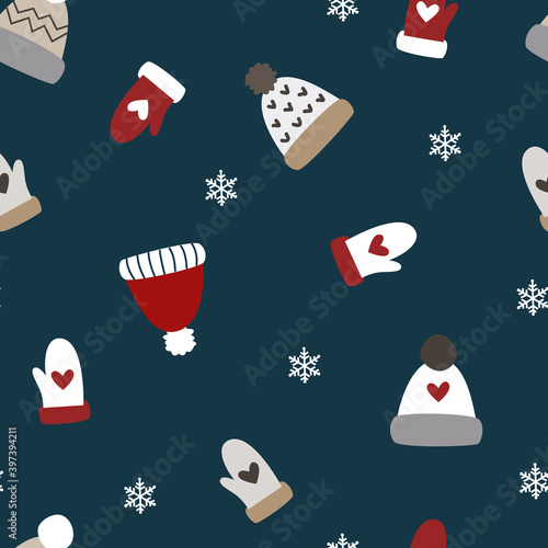 Cute Winter Wool Hat & Gloves Seamless Pattern