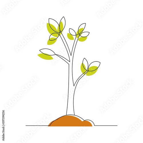 Continuous line drawing of small tree growth. Vector illustration