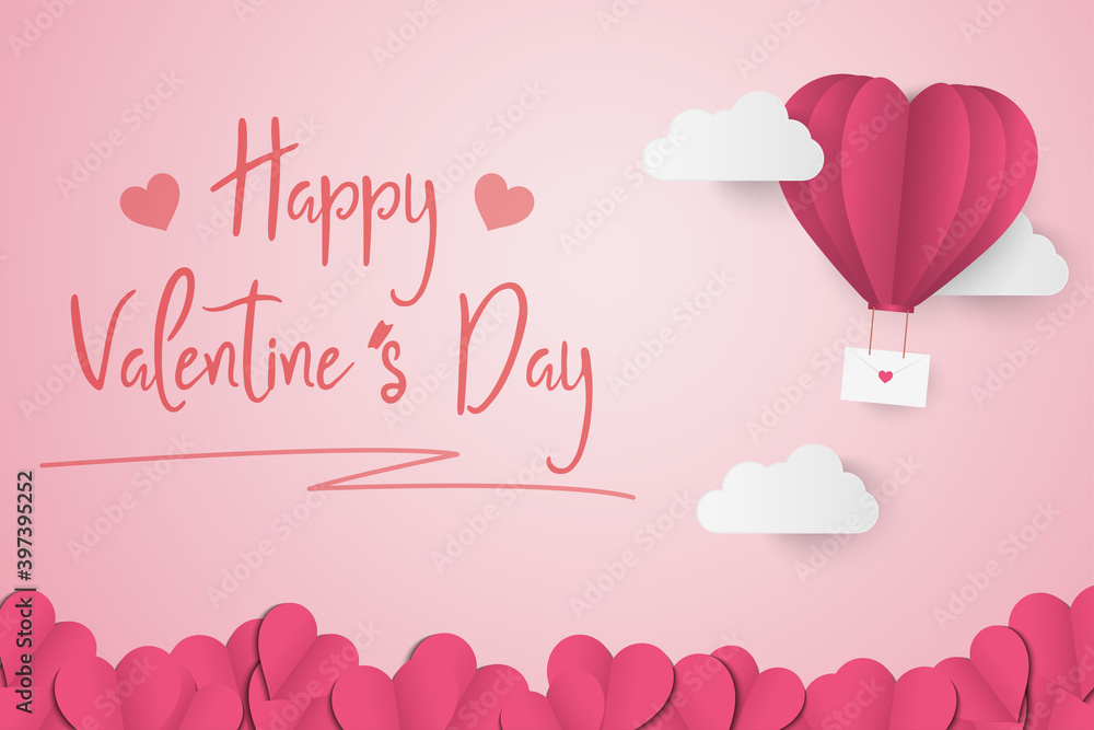 Paper Style love of valentine day , balloon flying over cloud and Paper Heart with float on the sky, Send love letter with copy space , vector illustration background