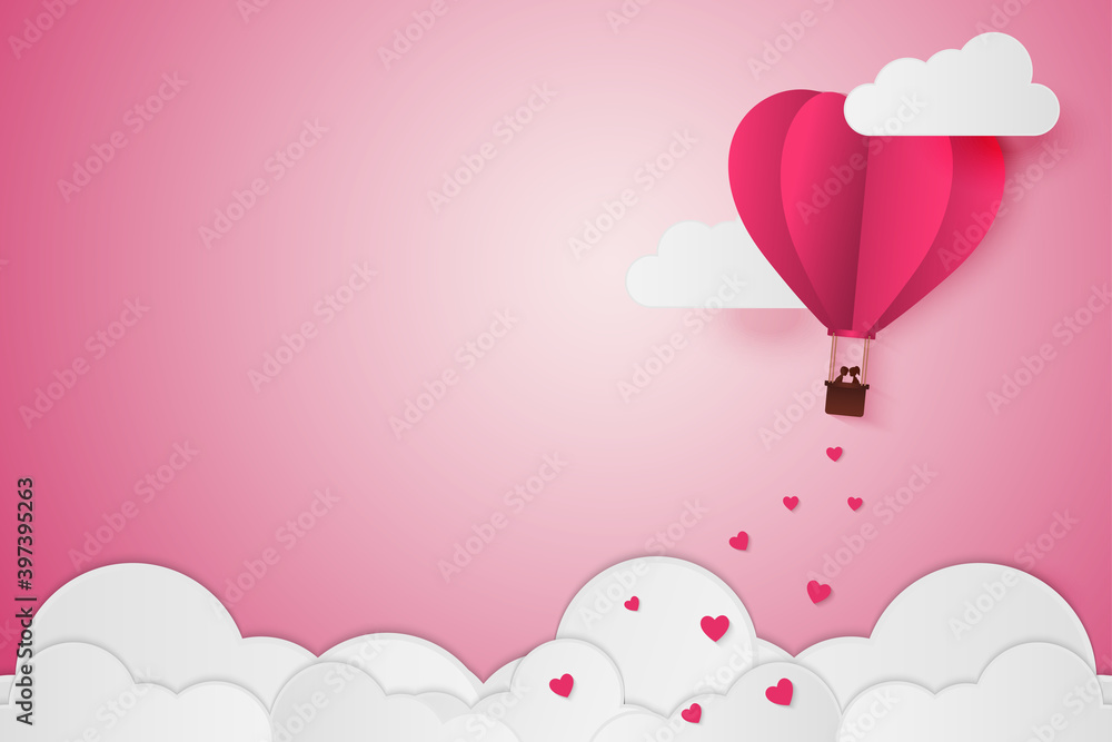 Paper Style love of valentine day , balloon flying over cloud with heart float on the sky, couple honeymoon with copy space , vector illustration background