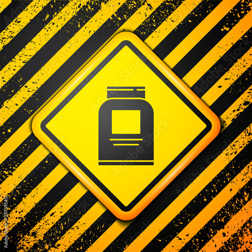 Black Sports nutrition bodybuilding proteine power drink and food icon isolated on yellow background. Warning sign. Vector.