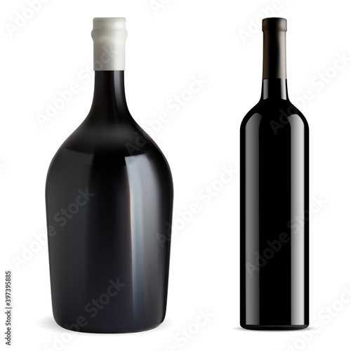 Red wine bottle isolated. Glass vector blank. Champagne or chardonnay wine mockup. Cabernet, merlot, bordeaux beverage template. Pinot noir drink elegant alcohol product